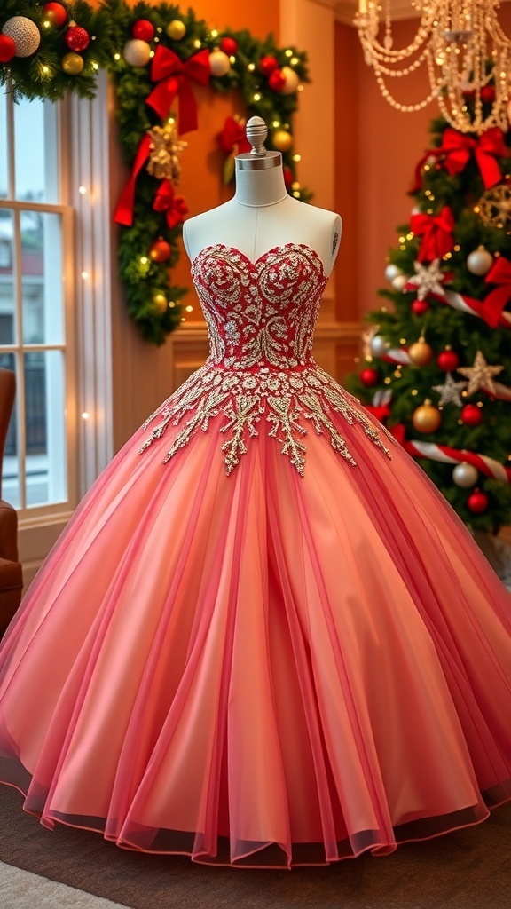 Elegant quinceañera dress for Christmas with red and gold colors, set in a festive holiday setting.